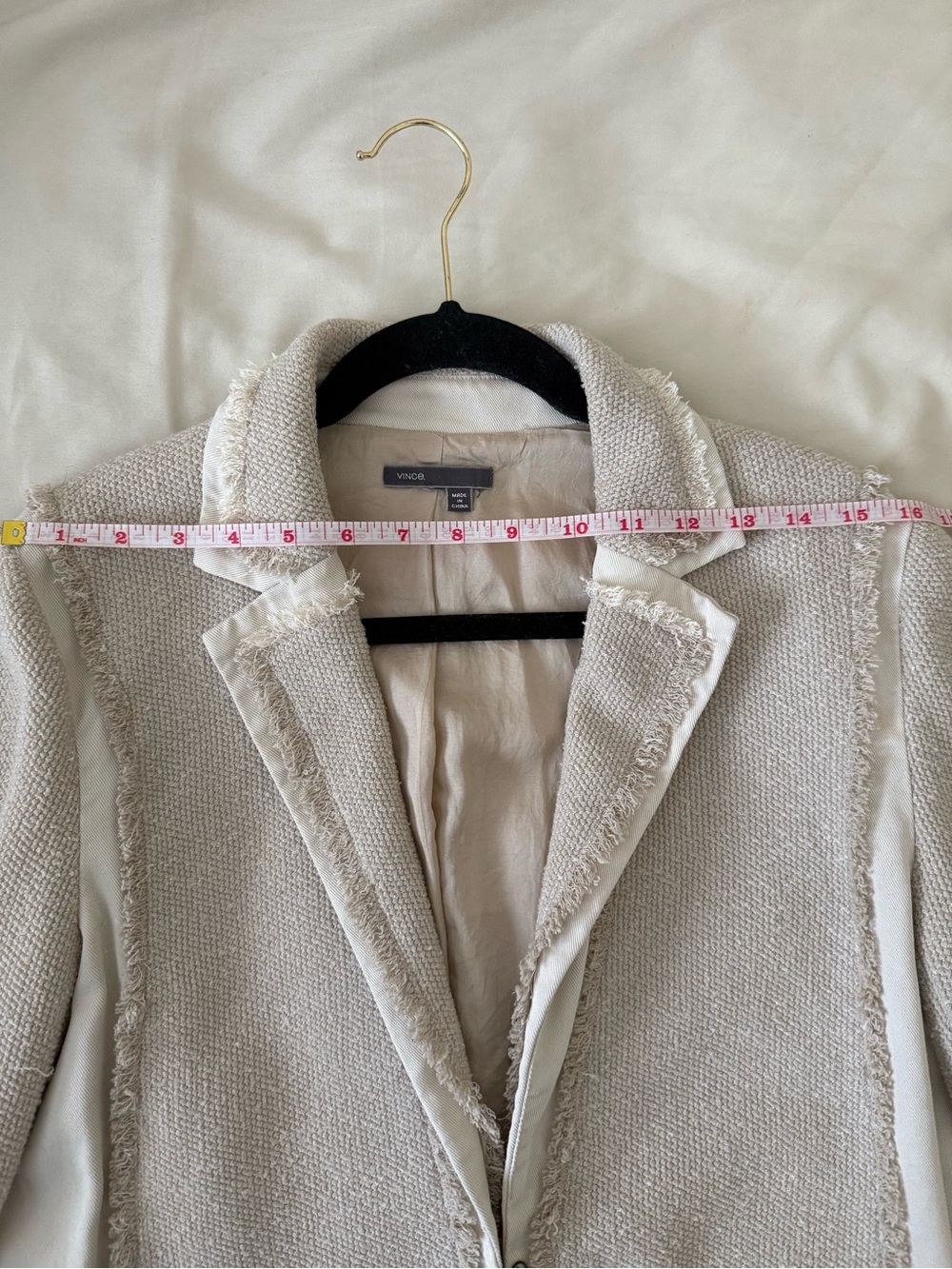 Vince Cream Bouclé Frayed-Edge Blazer Large / Fringed Twill Paneled Tweed Jacket - Picture 8 of 12